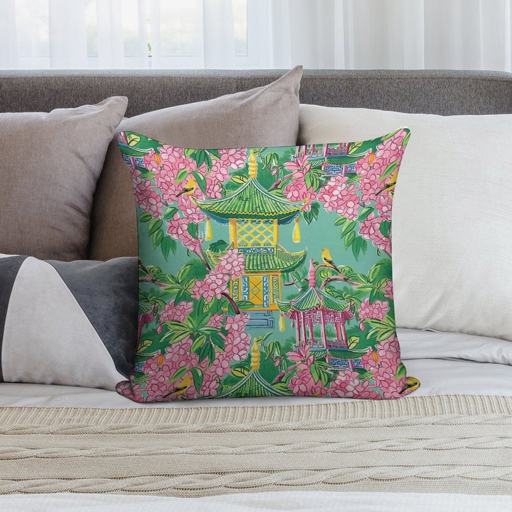 Preppy Pink Chinoiserie Pagodas And Cherry Blossom on Green Soft Easy Maintenance Throw Pillow