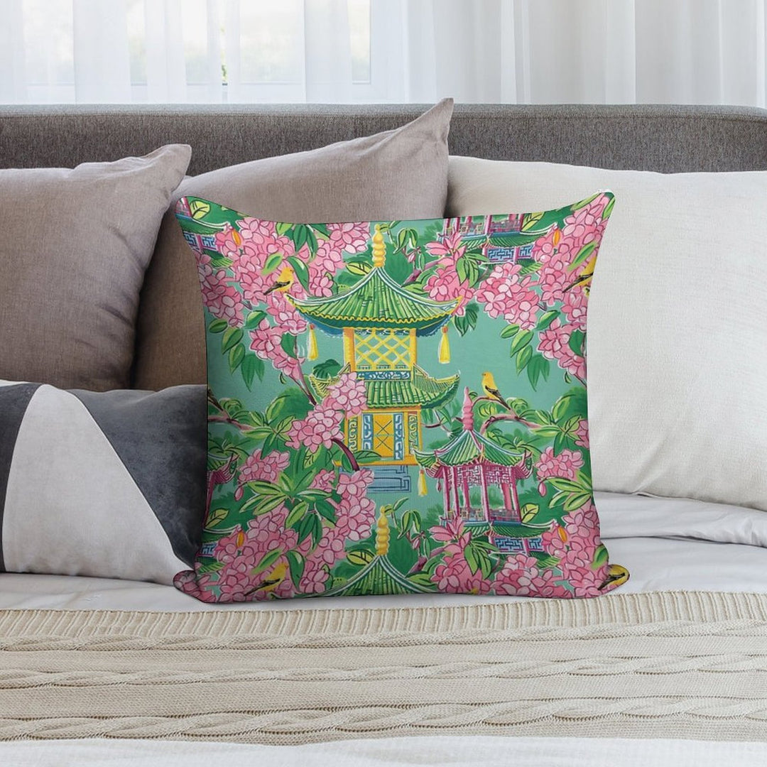 Preppy Pink Chinoiserie Pagodas And Cherry Blossom on Green Soft Easy Maintenance Throw Pillow