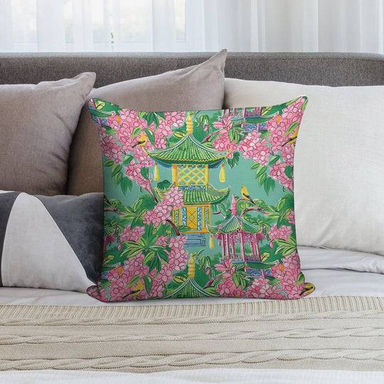 Preppy Pink Chinoiserie Pagodas And Cherry Blossom on Green Soft Easy Maintenance Throw Pillow