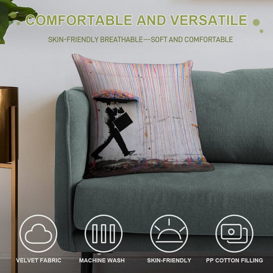 Banksy Umbrella Rainbow Happy Girl Soft Reinforced Edging Throw Pillow