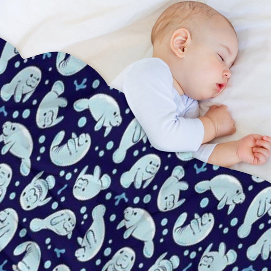 Cute Manatee Pattern - Blue Underwater Pattern Travel-friendly Throw Blanket