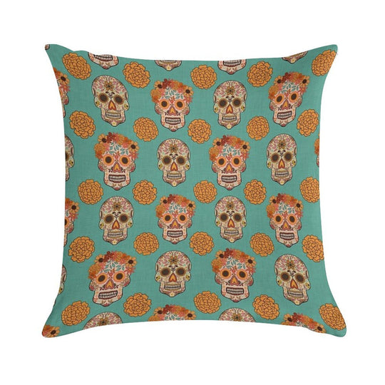 Day of The Dead Skulls And Flowers on A Textured Blue Green Background Soft Durable Construction Throw Pillow
