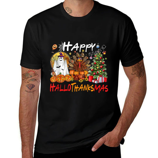 Halloween Thanksgiving Christmas Turkey Happy HalloThanksMas  Polyester Blend T-Shirt
