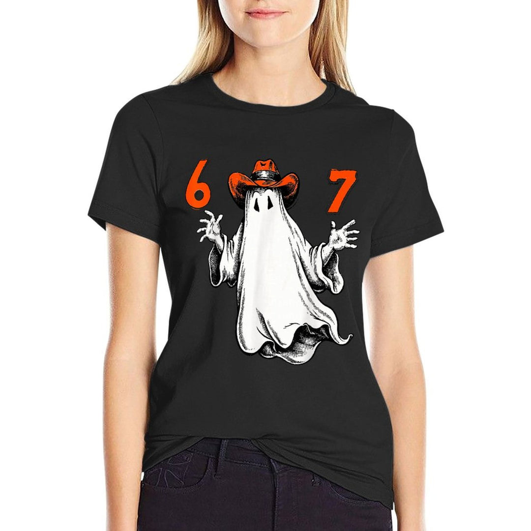 Spooky Ghost Number 67 Halloween Haunted Six Seven 6 7 Meme  Ribbed Collar T-Shirt