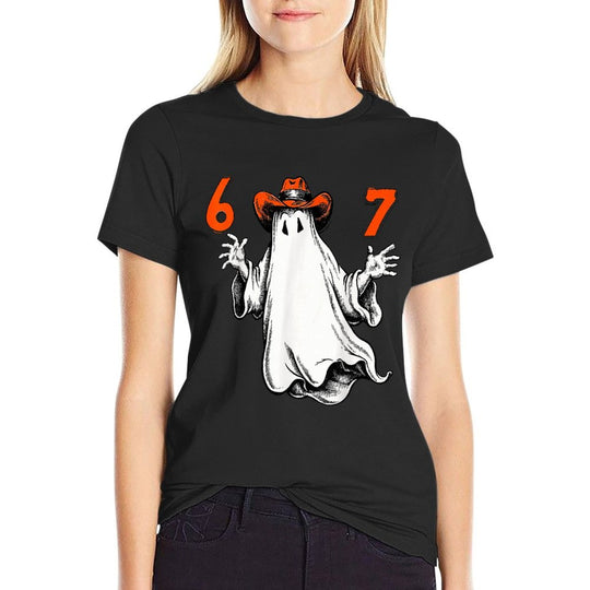 Spooky Ghost Number 67 Halloween Haunted Six Seven 6 7 Meme  Ribbed Collar T-Shirt