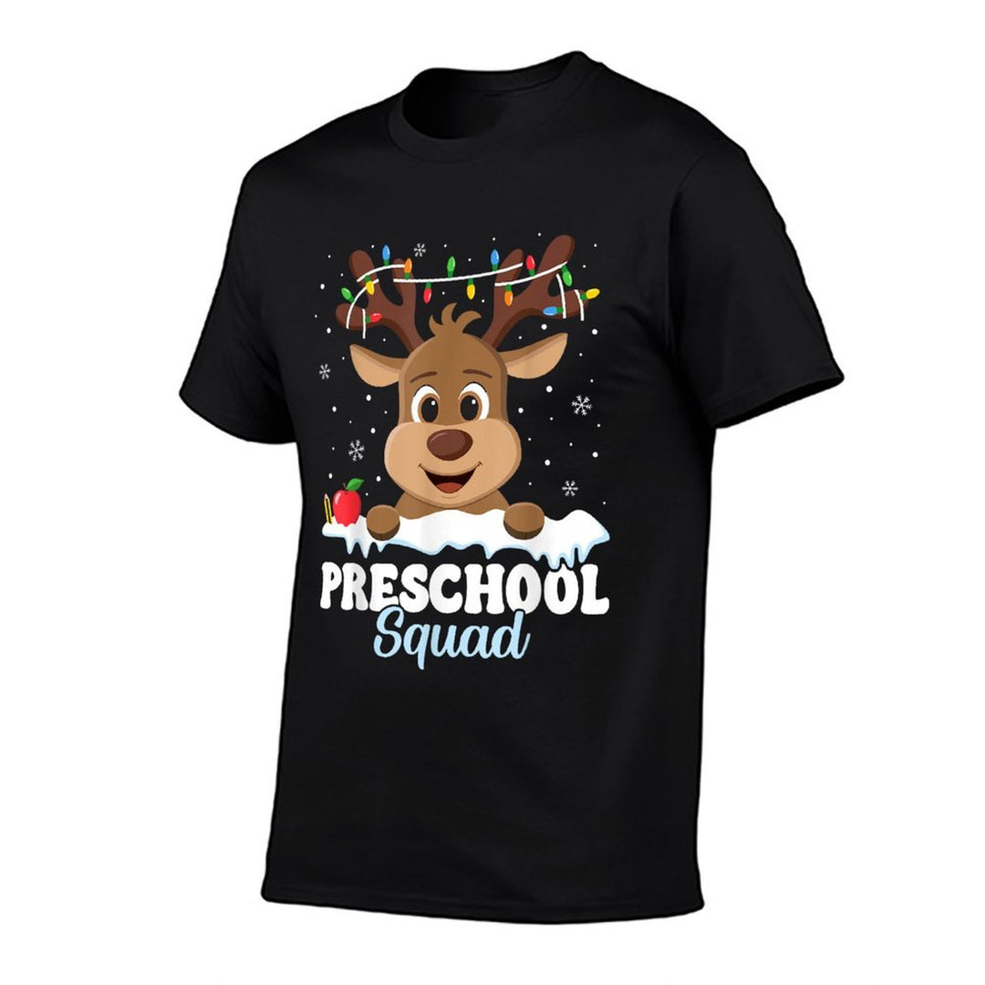 Preschool Teacher Christmas Preschool Squad Reindeer Xmas  Ribbed Collar T-Shirt
