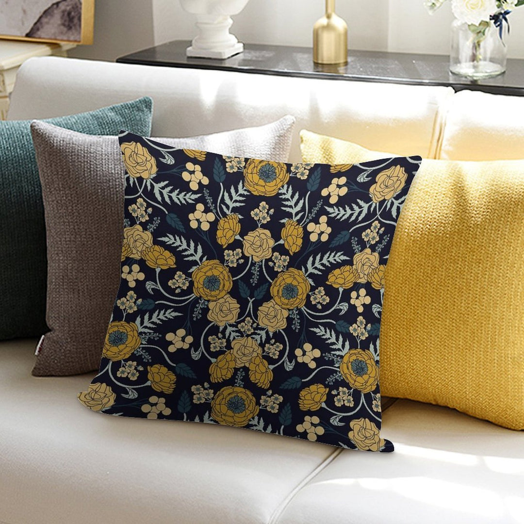 Navy Blue, Turquoise, Cream & Mustard Yellow Dark Floral Pattern Soft Luxury Feel Throw Pillow