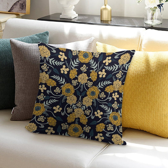 Navy Blue, Turquoise, Cream & Mustard Yellow Dark Floral Pattern Soft Luxury Feel Throw Pillow