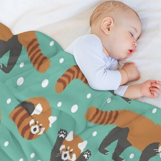 Cute Red Panda Pattern with White Dots And Turquoise Background Premium Throw Blanket
