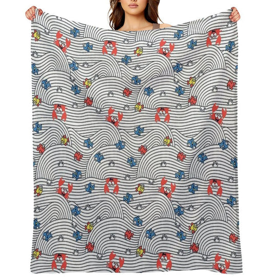 Grafic Waves from Stripes with Fish And Crabs. Sea Seamless Pattern. Plush Throw Blanket