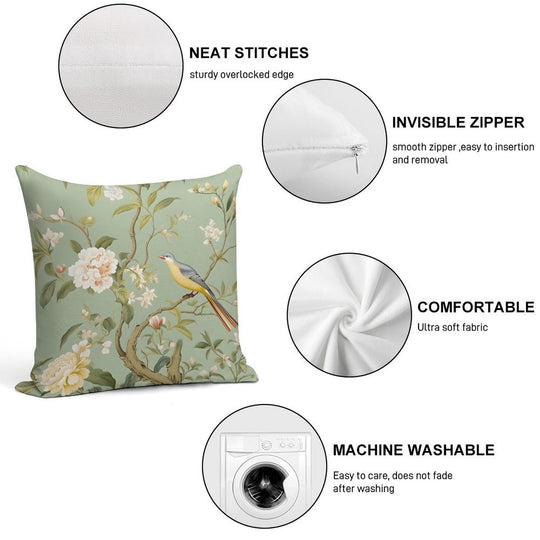 Green Chinoiserie Garden Soft Luxury Feel Throw Pillow