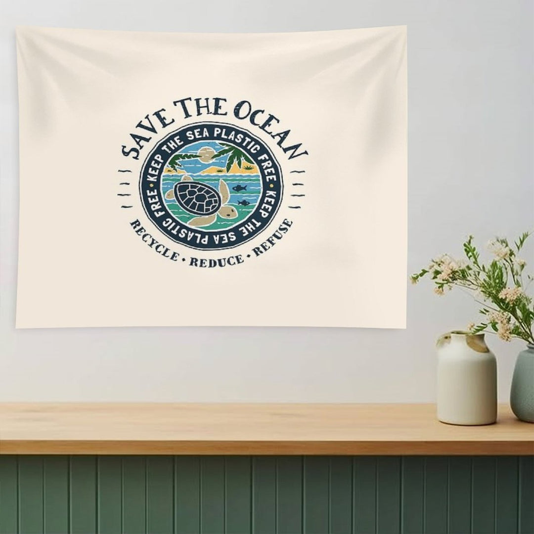 Save The Ocean Keep The Sea Plastic Free Turtle Scene Tapestry