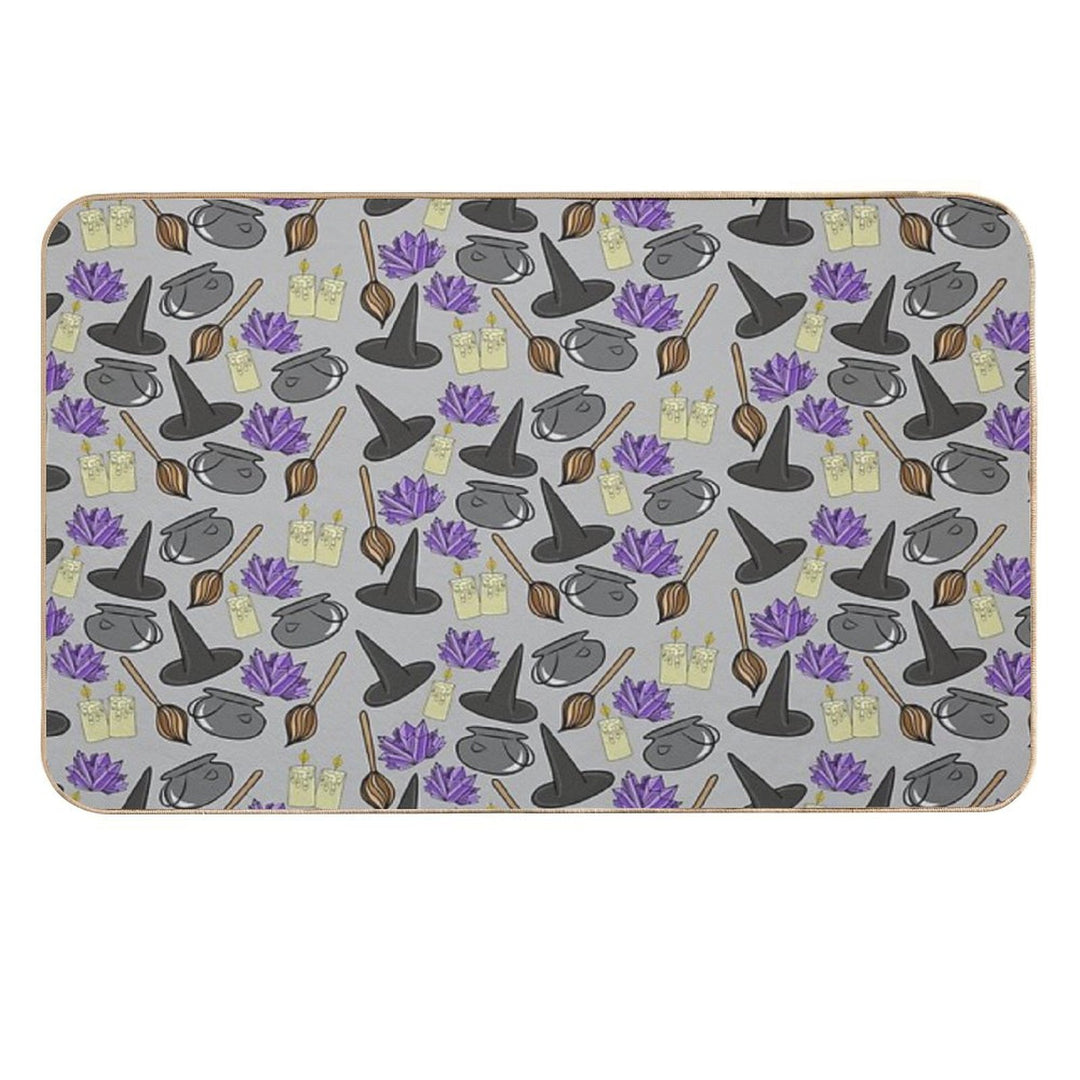 Hand Drawn Spooky Cauldrons,Broomsticks,Candles, And Witches Hat Cartoon Doodles Pattern, Made by EndlessEmporium Durable Bath Mat