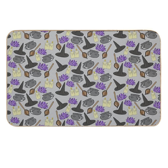 Hand Drawn Spooky Cauldrons,Broomsticks,Candles, And Witches Hat Cartoon Doodles Pattern, Made by EndlessEmporium Durable Bath Mat