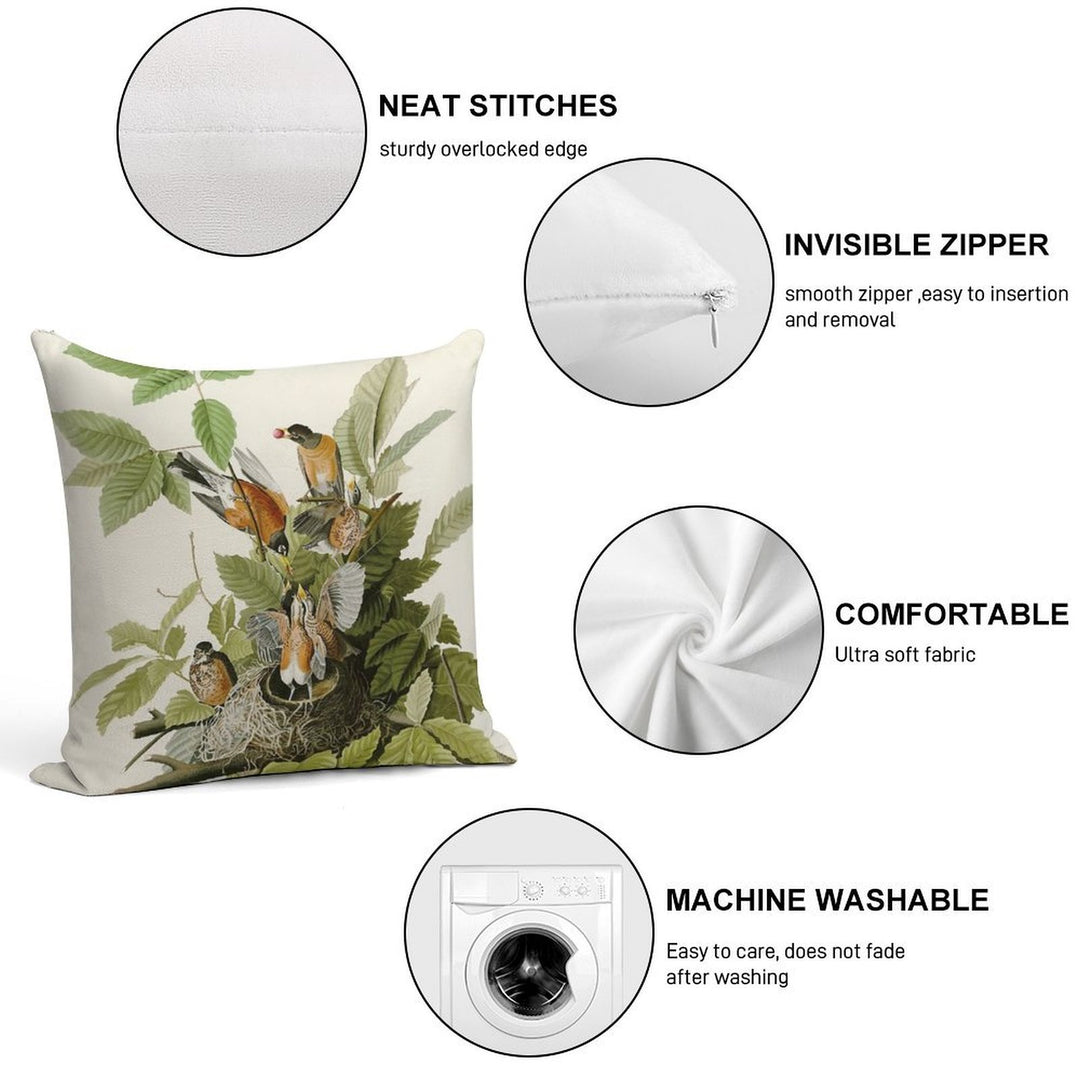 American Robin - John James Audubon Birds of America Soft Short Plush Fabric Throw Pillow