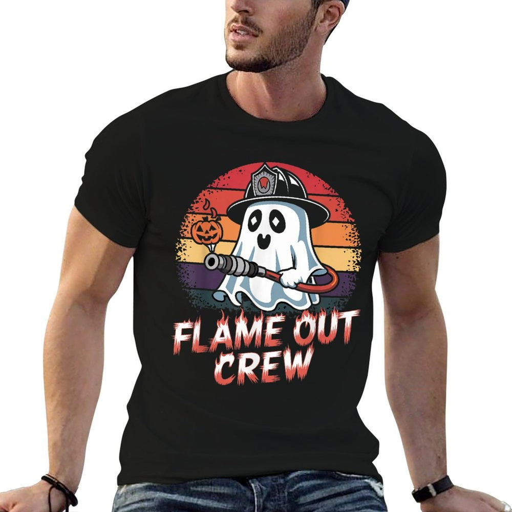 Flame Out Crew Ghost Firefighter Halloween Retro  Fade-proof Color T-Shirt