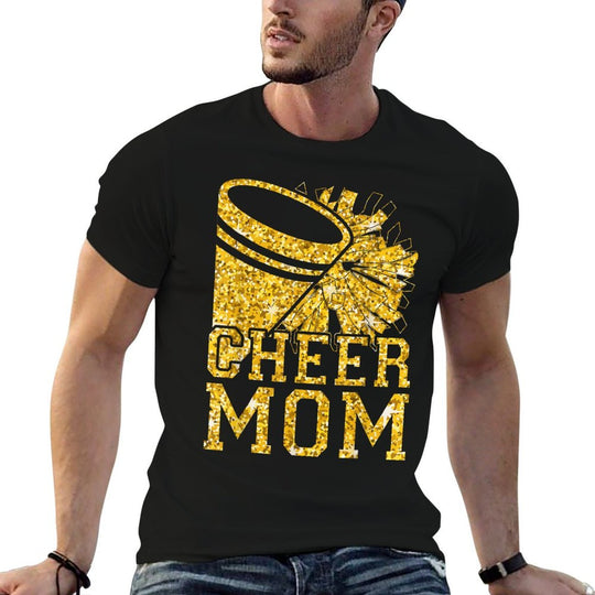 Cheer Mom Biggest Fan Cheerleader Black Yellow Pom Pom  Summer-ready Fabric T-Shirt