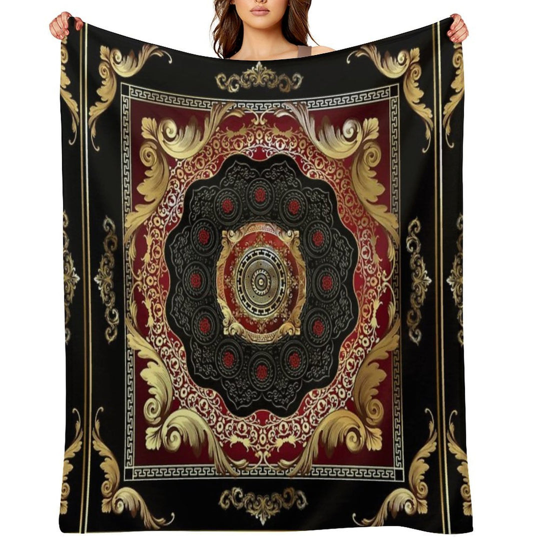 Ornate Baroque Filigree Red Black Gold Greek Key Meander Gift-ready Throw Blanket