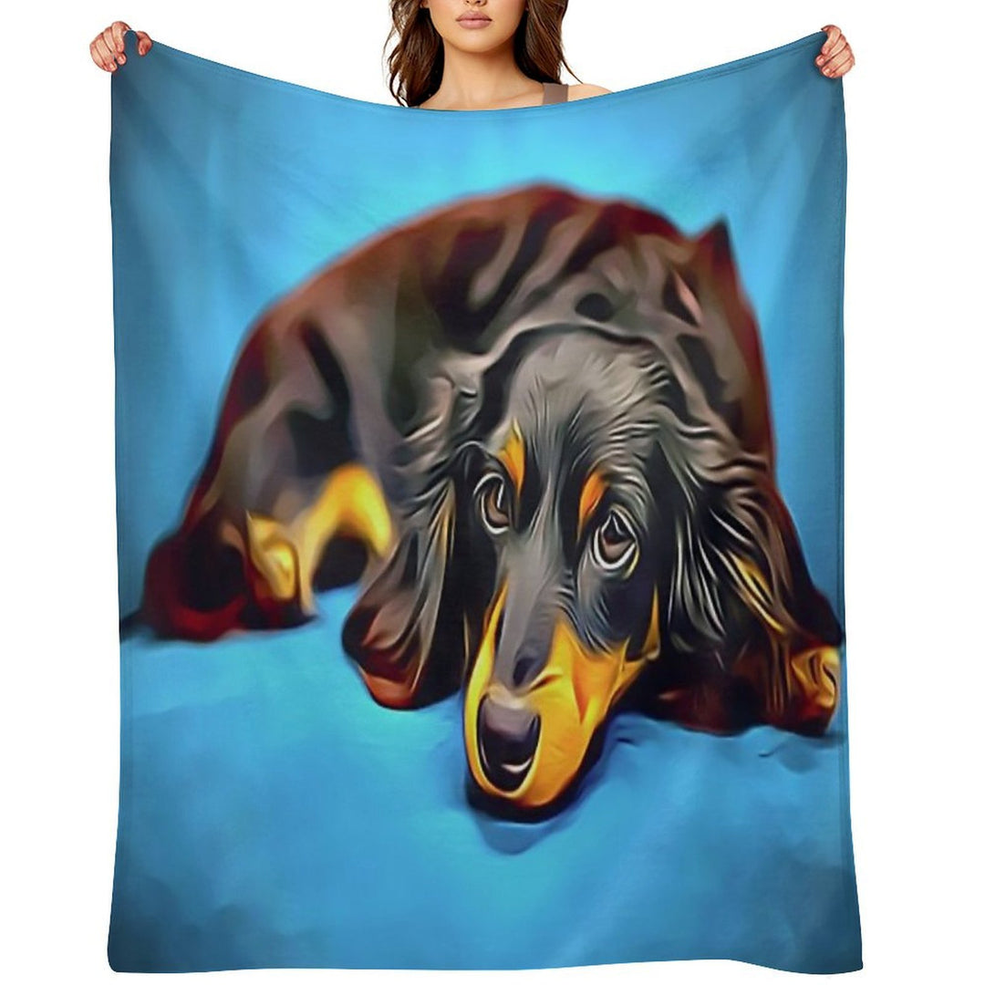 Sleepy Long Haired Brown Dachshund Plush Throw Blanket