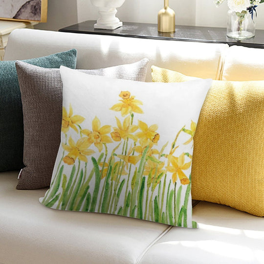 Hand Painted Yellow Daffodils Field Watercolor Soft Warmth Comfort Throw Pillow
