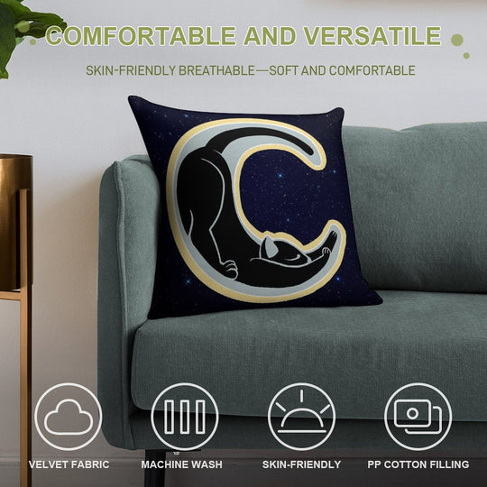 Celestial Stretching Moon Cat Soft Bedroom Essential Throw Pillow