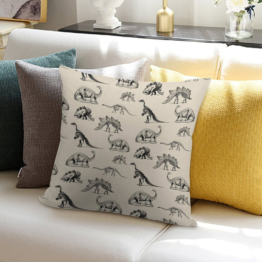 Vintage Museum Dinosaur Skeleton Illustrations, Black & Cream Dinos Soft Reinforced Edging Throw Pillow