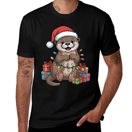 Funny Otter Santa Hat Animals Lovers Ugly Christmas Pajamas  Easy-care T-Shirt