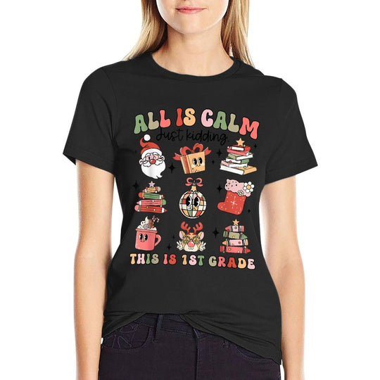 Retro First Grade Teacher Christmas All Is Calm Disco Ball  Rolled Sleeves T-Shirt