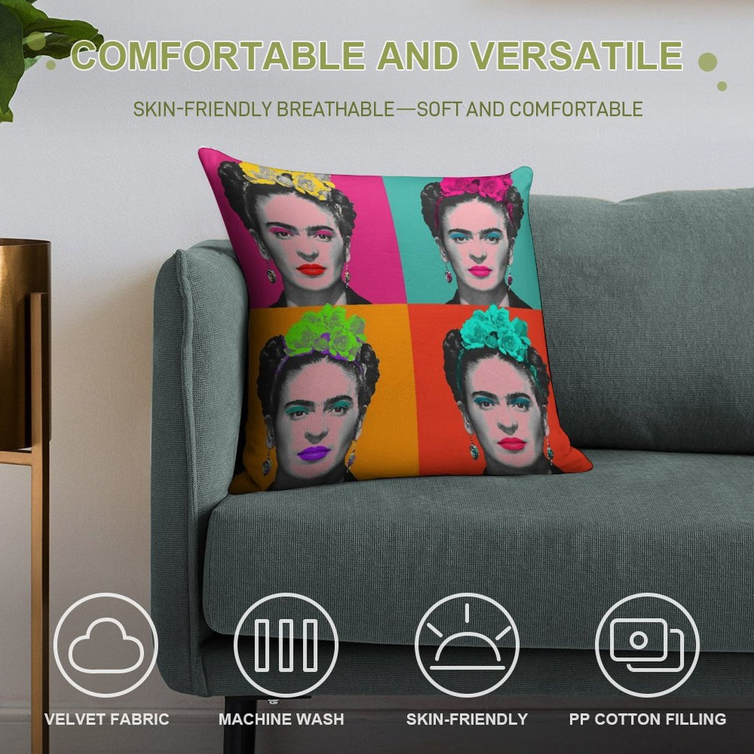 Frida Khalo Pop Portrait Like in Andy Warhol Paint! - Colorful - Digital Paint by Iona Art Digital Soft Shrink-Resistant Throw Pillow
