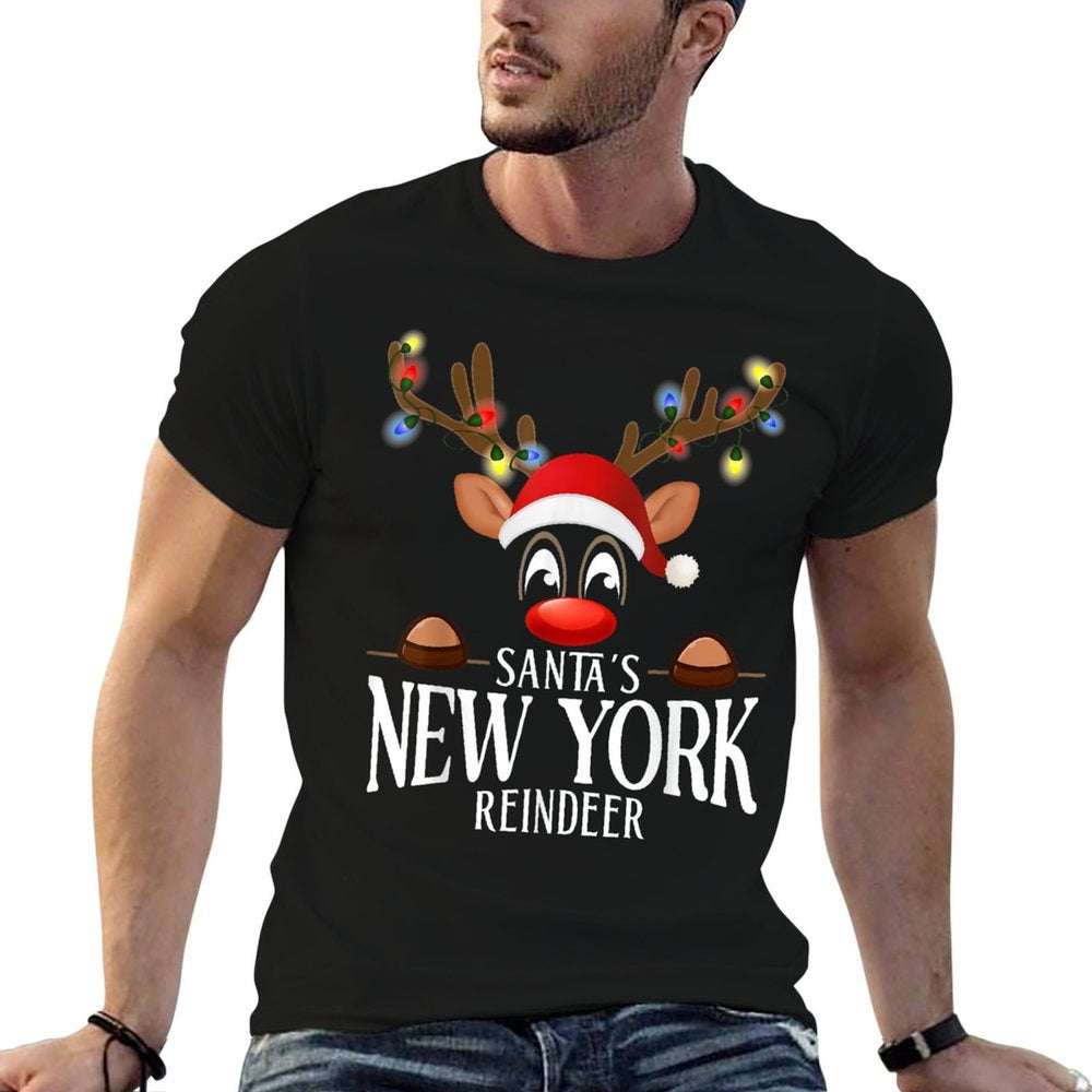 Santas New York Reindeer Funny XMas Matching PJS  Rolled Sleeves T-Shirt