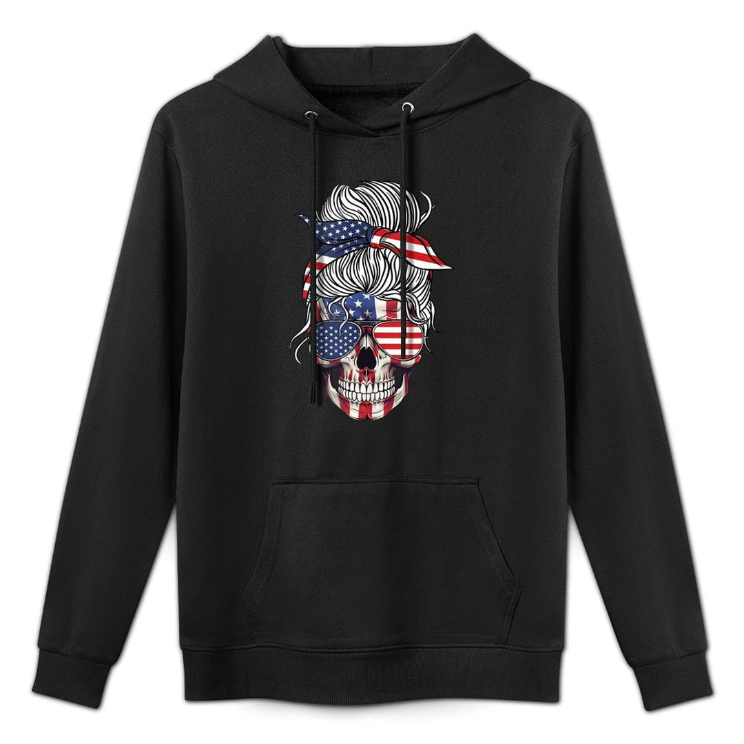 Messy Bun Skull 4th Of July American For Women  Girls Shrink-Resistant Hoodie