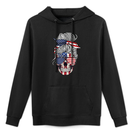 Messy Bun Skull 4th Of July American For Women  Girls Shrink-Resistant Hoodie