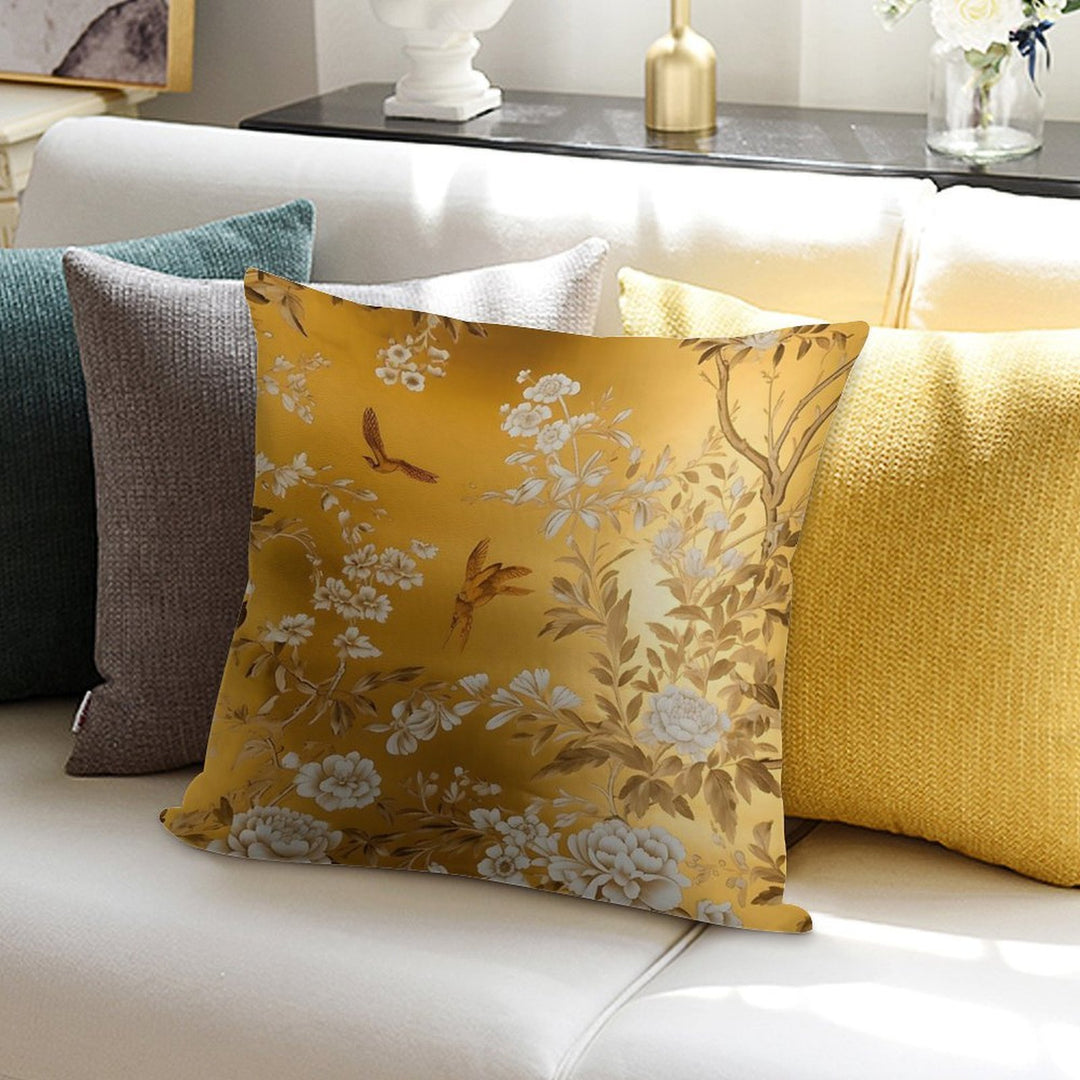 Gold Chinoiserie Floral Soft Reinforced Edging Throw Pillow