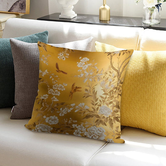 Gold Chinoiserie Floral Soft Reinforced Edging Throw Pillow