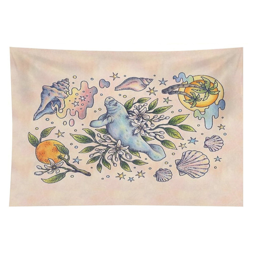 Orange Blossom Manatee  Ocean Tropical Art Tapestry
