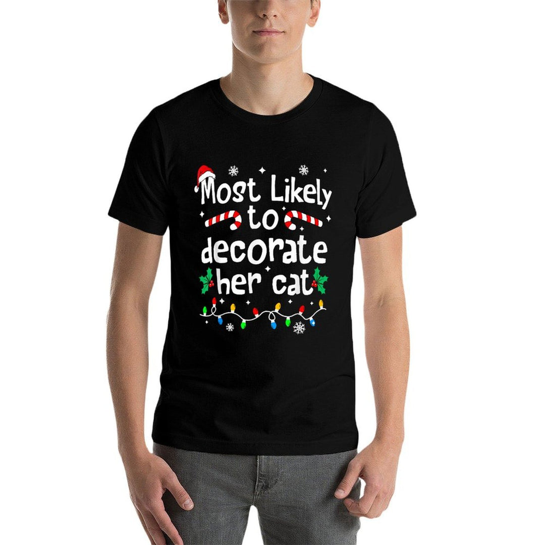 Most Likely to Decorate Her Cat Family Christmas Matching  Rolled Sleeves T-Shirt