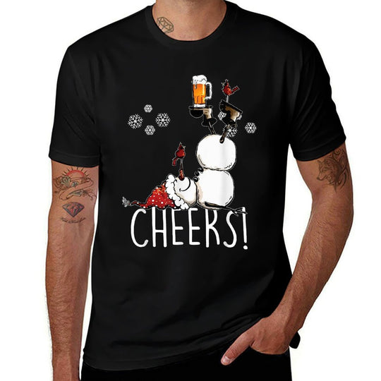 Cheers Snowman Beer And Wine Christmas  Ribbed Collar T-Shirt