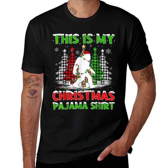 This Is My Pajama Bigfoot Xmas Tree Plaid Christmas  Rolled Sleeves T-Shirt