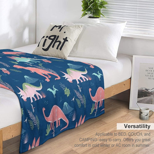 Jurassic Dinosaur in Blue + Coral Wrinkle-free Throw Blanket
