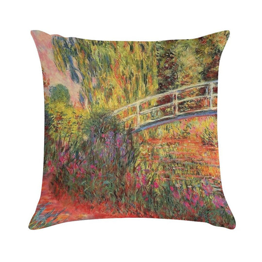 Monet The Japanese Bridge (The Water-Lily Pond, Water Irises) Soft Short Plush Fabric Throw Pillow