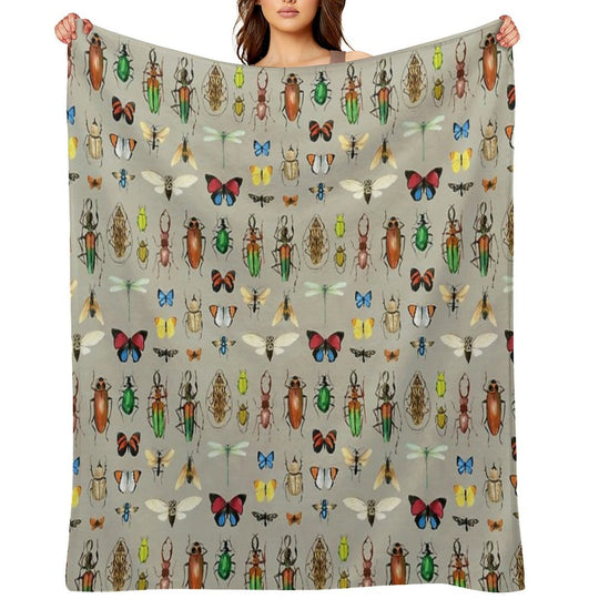 The Usual Suspects - Insects on Grey - Watercolour Bugs Pattern by Cecca Designs Plush Throw Blanket