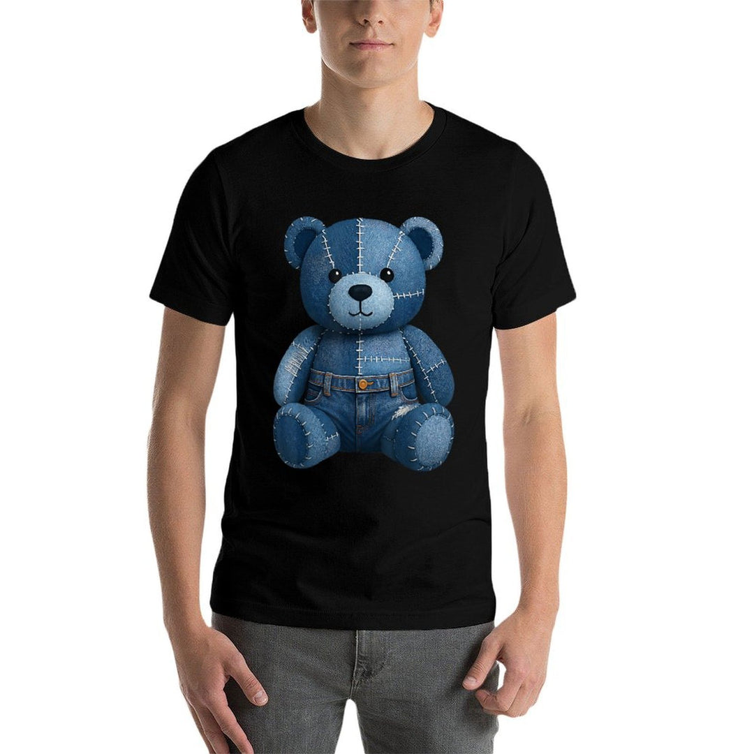 Funny Denim Patch Animal Bear Print Patchwork Art  Fade-proof Color T-Shirt