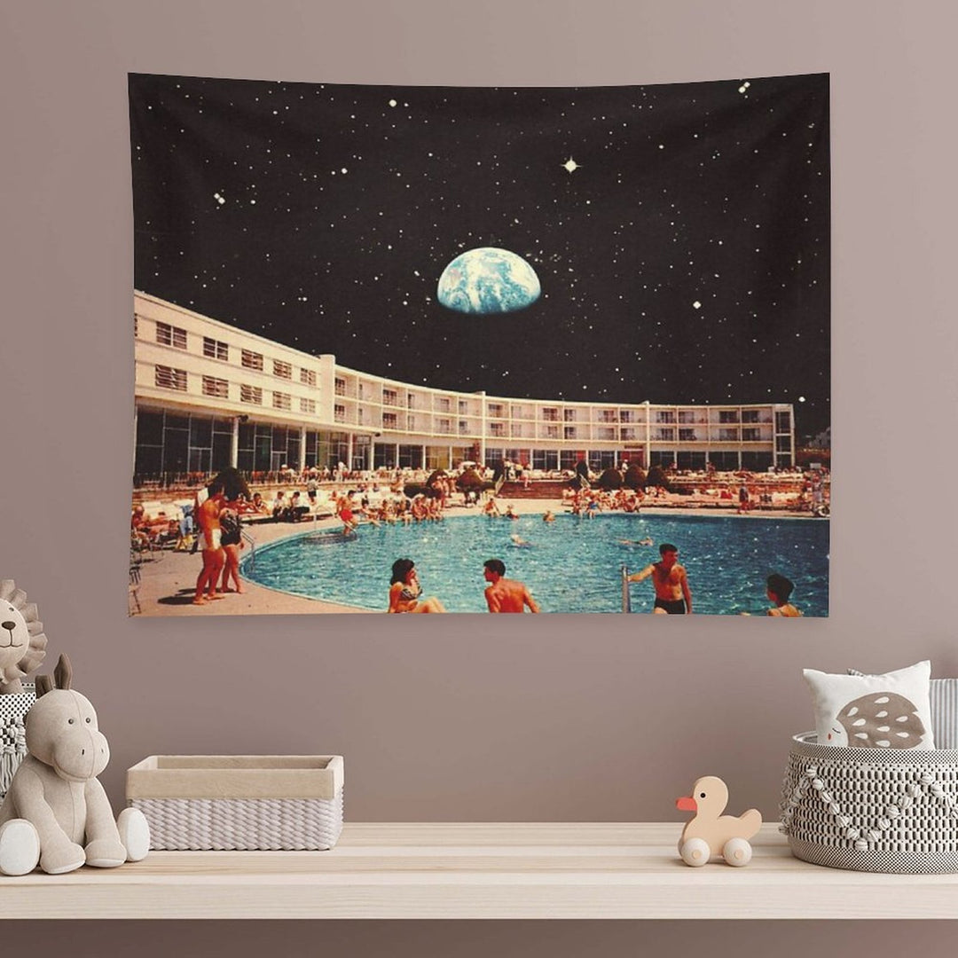 Lunar Pool Life - Retro-Futuristic Holiday Resort, Science Fiction Collage Tapestry