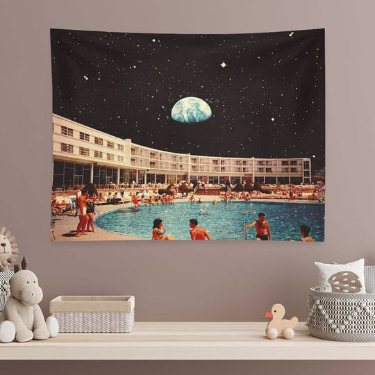 Lunar Pool Life - Retro-Futuristic Holiday Resort, Science Fiction Collage Tapestry