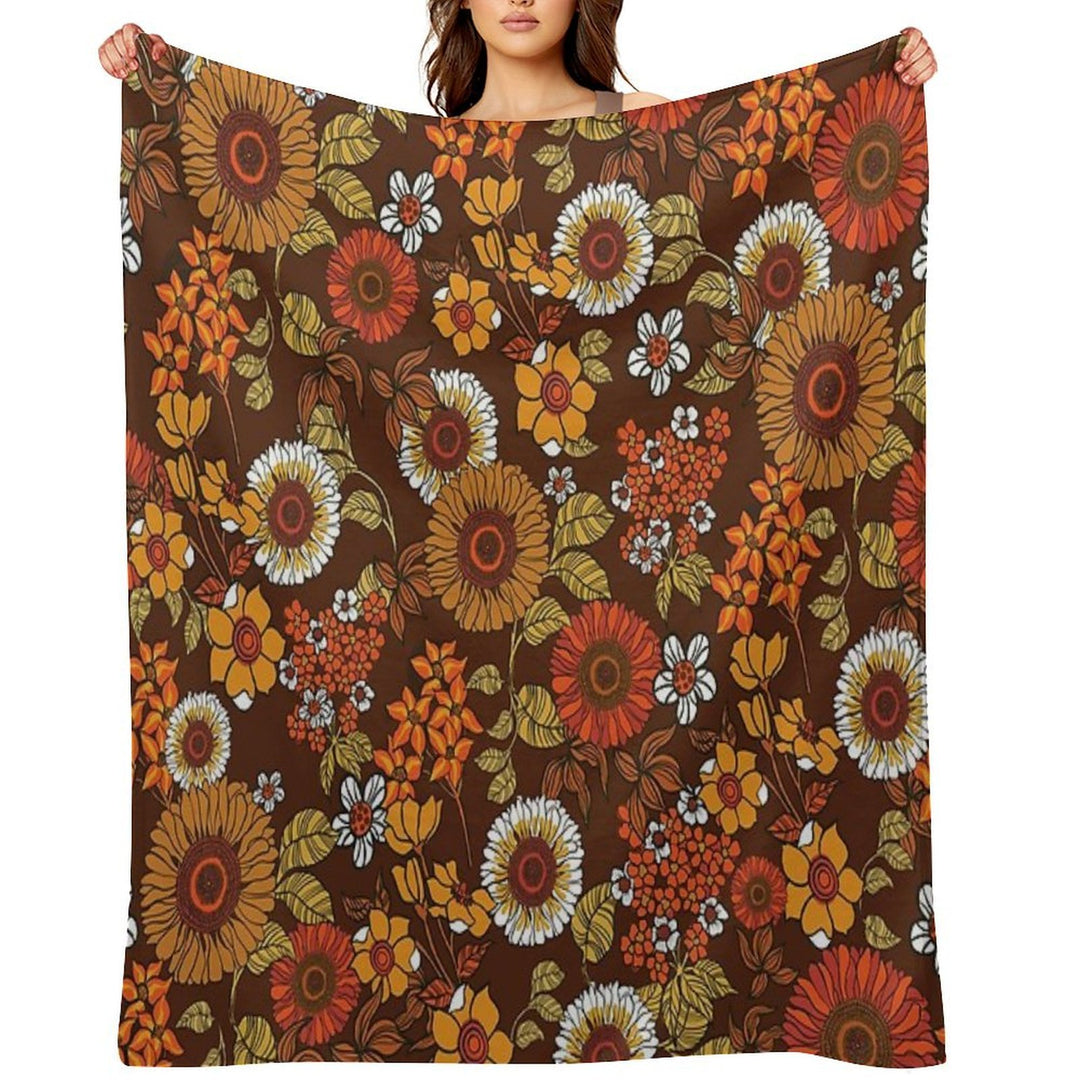 70s Vintage Boho Flowers, Orange, Browns, Hippie, Flower Power Velvety-soft Throw Blanket