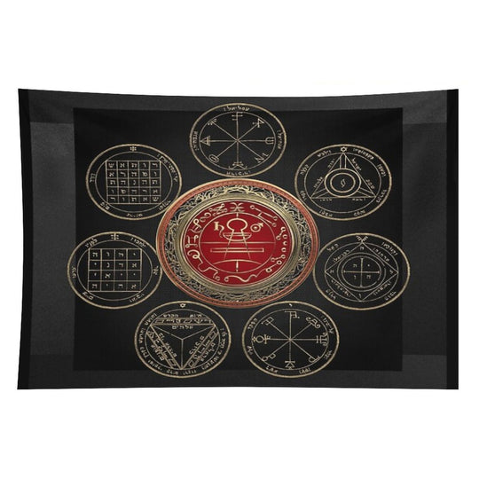 Gold Seal of Solomon over Seven Pentacles of Saturn on Black Canvas Tapestry