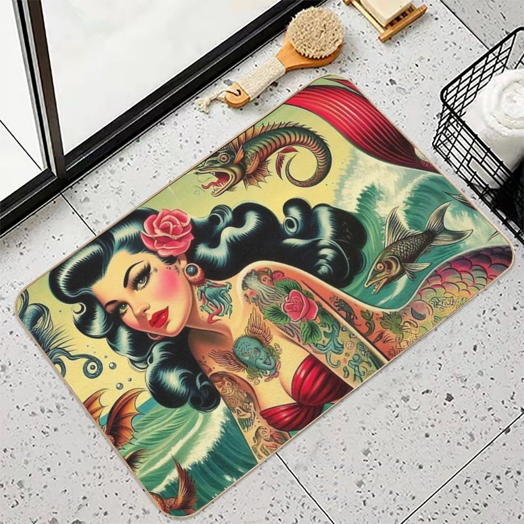 Retro Tattooed Mermaid  Multi-Purpose Bath Mat