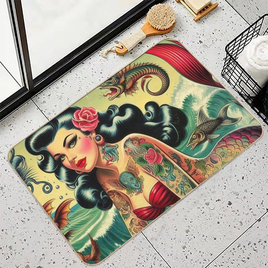Retro Tattooed Mermaid  Multi-Purpose Bath Mat