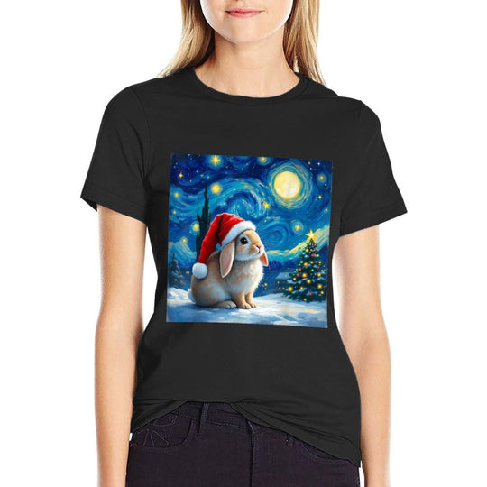 Christmas Rabbit Santa Hat Van Gogh Starry Night Holiday  High-quality Stitching T-Shirt