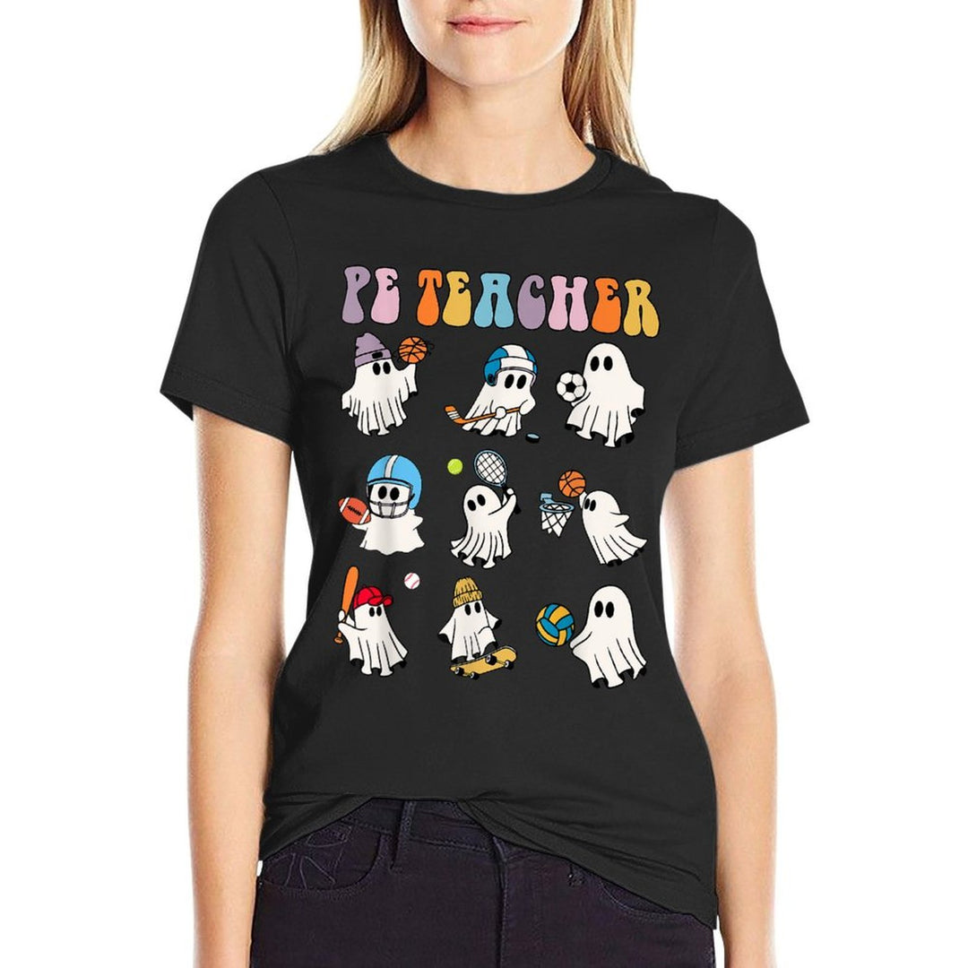 Halloween PE Teacher Ghost Playing Soccer Football Baseball  Summer-ready Fabric T-Shirt